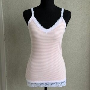 Just Polly Pink & white striped lace trim tank top Size M NWT